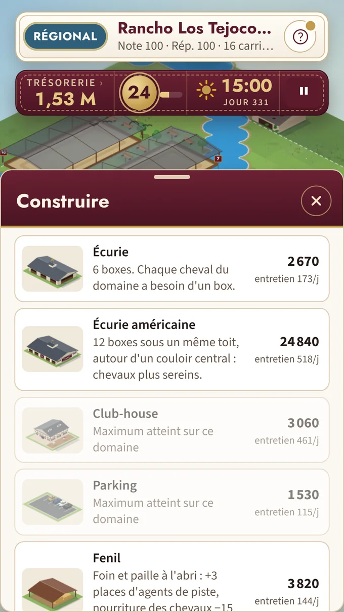 Construisez et améliorez : écuries, fenil, sellerie, rond de longe