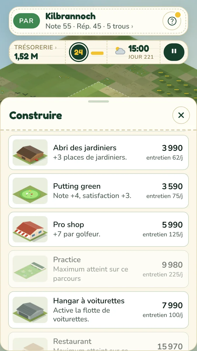 Construisez et améliorez : club-house, practice, pro shop, hôtel