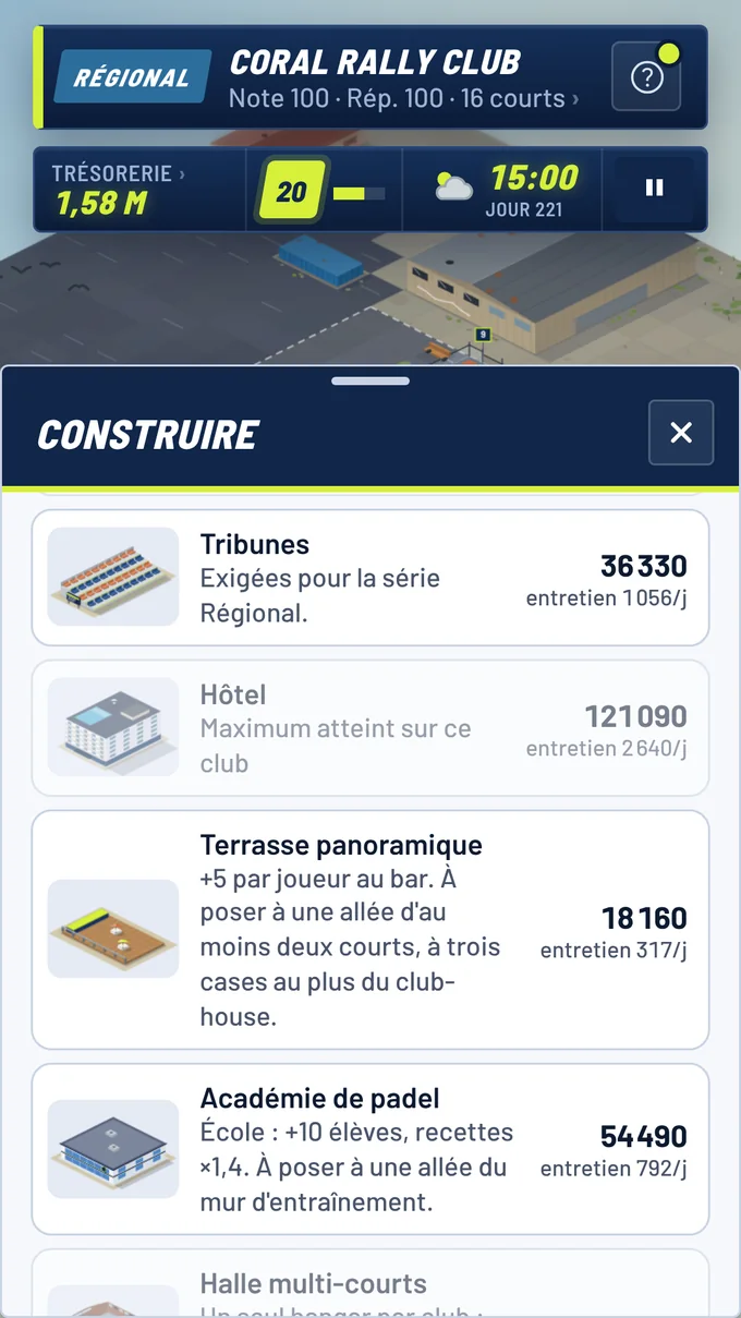 Construisez et améliorez : courts, bâtiments et décors à débloquer