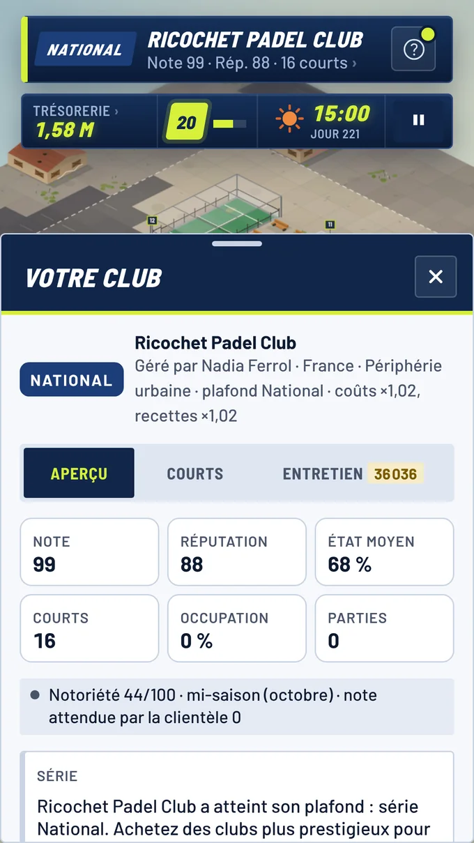 Suivez votre club : note, réputation, courts et occupation